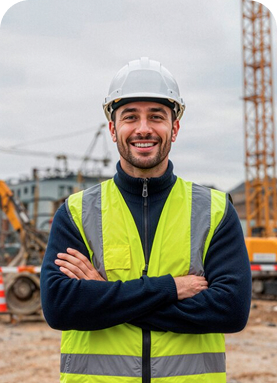 Trabalhador da construção civil com capacete e colete de segurança